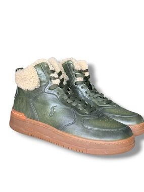 Polo by Ralph Lauren Olive Green Leather High-Top Sneakers with Shearling Collar
